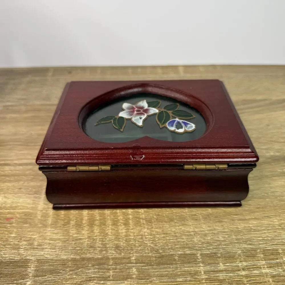 Vintage Cherry Wood Ornate Trinket Box Storage Display Floral